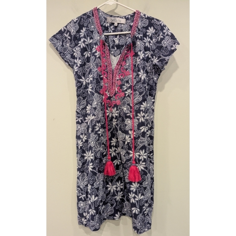 Bella Tu Ellery Ikat Indigo And Pink Embroidered Beaded Tunic Dress Size XS